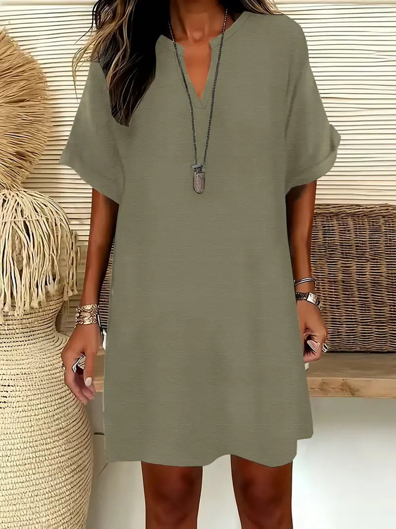 Women's Plain Notched-Neck Short Sleeve Midi Dress, Casual Chic Fashion Drop Shoulder A-Line Dress for Summer, Comfortable and Stylish Dress