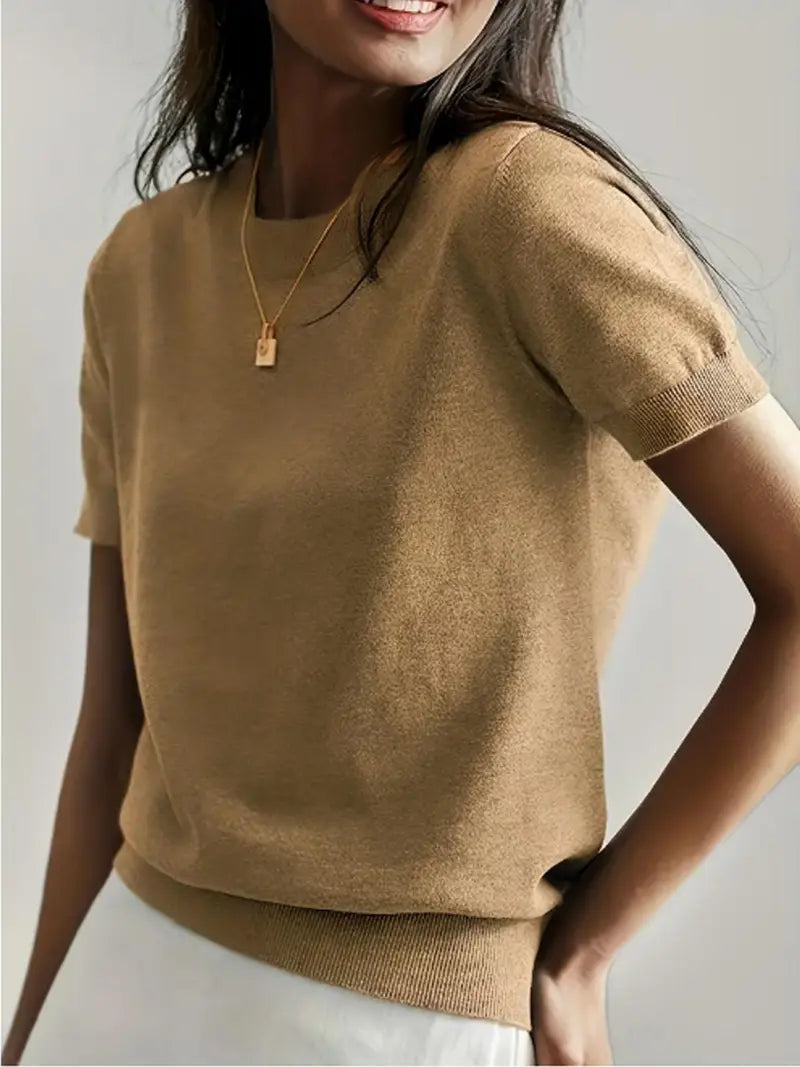 Women's Solid Color Crew Neck Short Sleeve Sweater, Casual Basic Knit Pullover for Spring & Fall, Fashion Women's Knitwear for Daily Wear, Womenswear