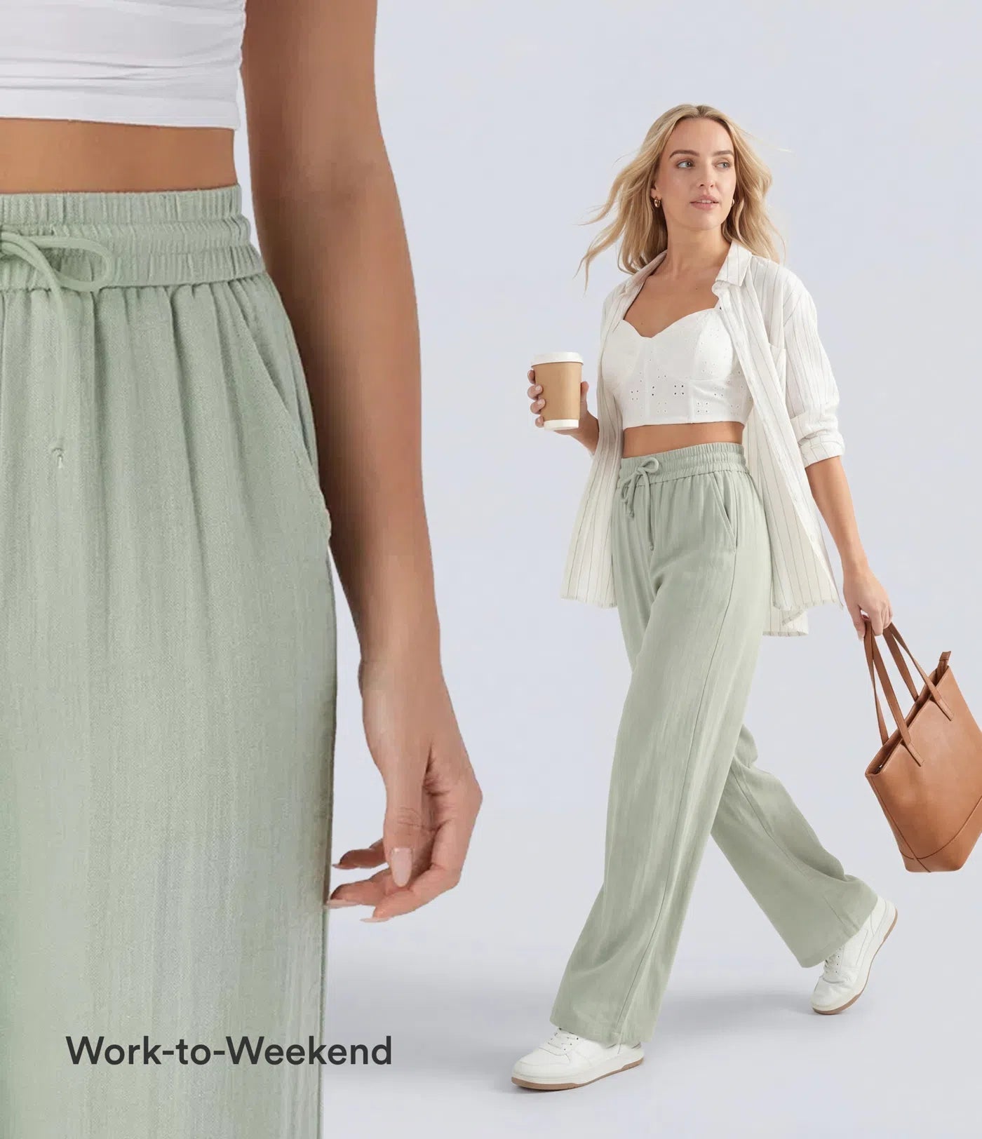 Casual High-Waisted Linen Trousers with Drawstring and Wide Pockets