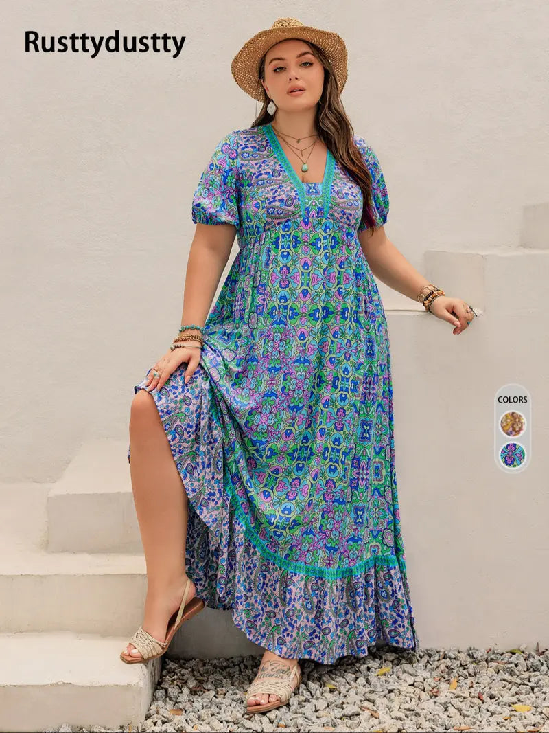Plus Size Short-Sleeve Floral Print Dress