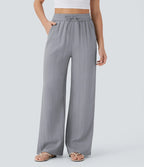 Casual High-Waisted Linen Trousers with Drawstring and Wide Pockets