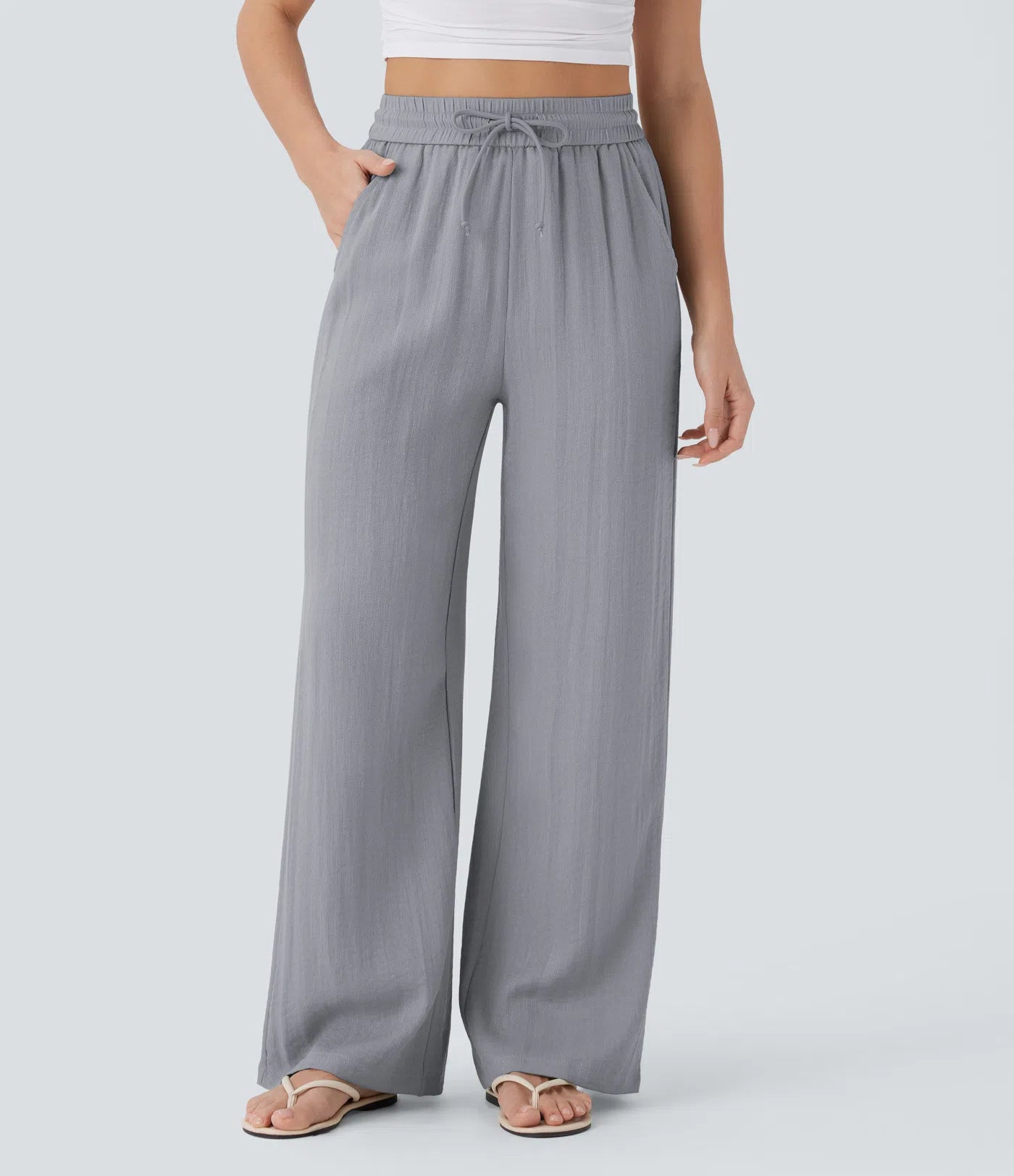 Casual High-Waisted Linen Trousers with Drawstring and Wide Pockets