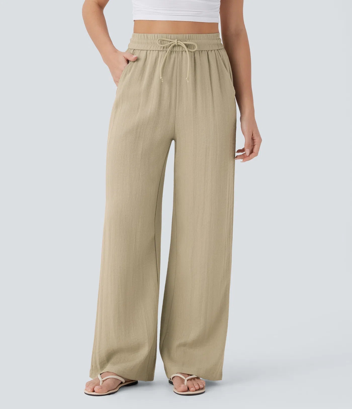 Casual High-Waisted Linen Trousers with Drawstring and Wide Pockets