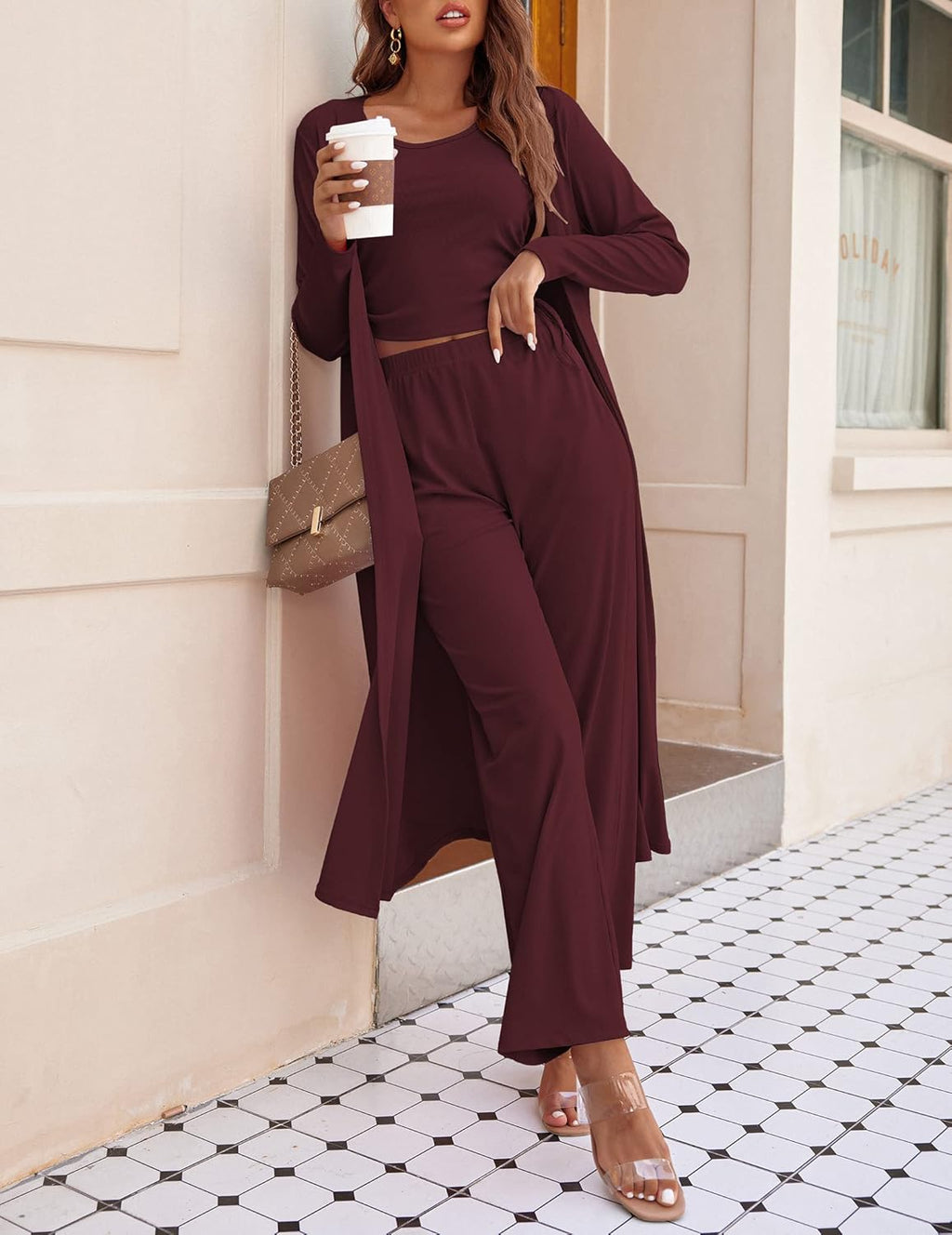 Women's 3 Piece Lounge Set Pajama Long Sleeve Cardigan Sleeveless Top Pants Sweatsuit
