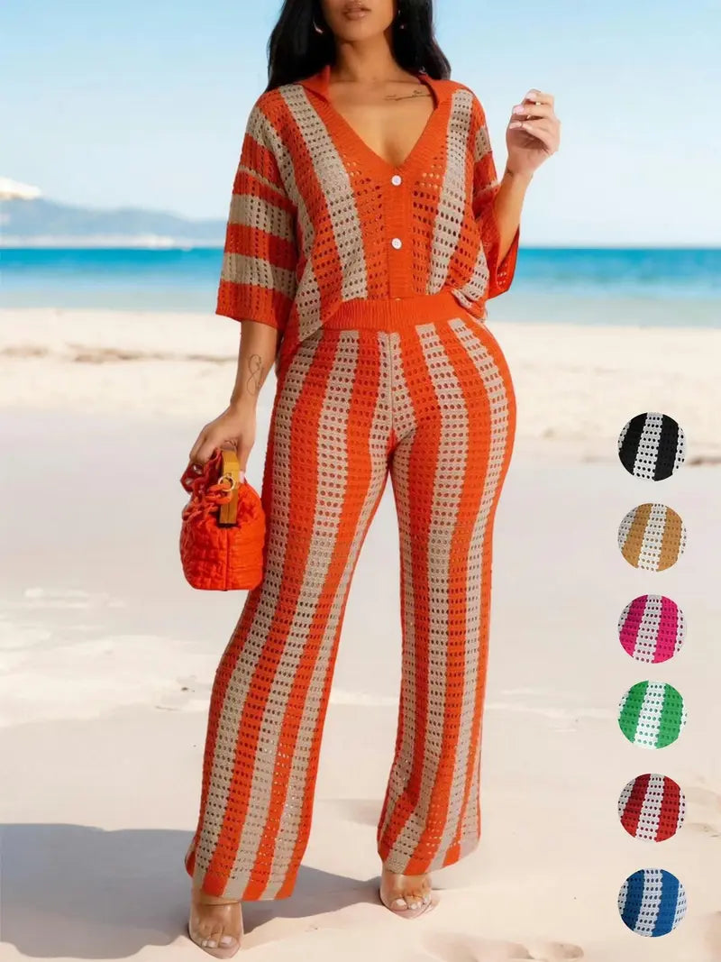 Women's Color-Block Striped Cutout Button-Front Top & Wide-Leg Pants Two-Piece Set
