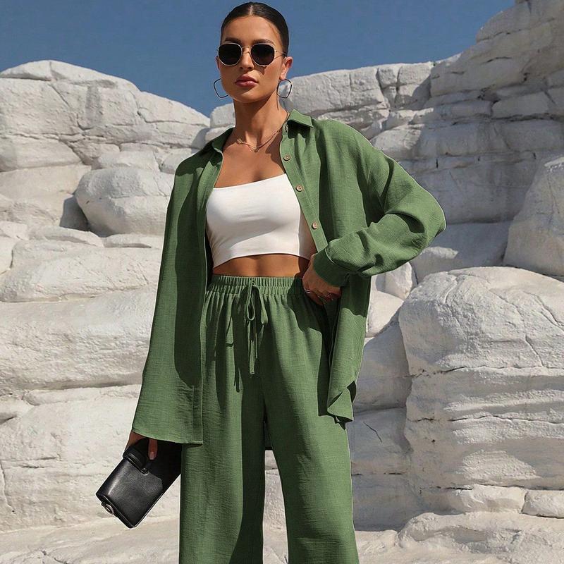 Women's Solid Button Front Shirt & Tie Front Wide Leg Pants Two-piece Set, Casual Drop Shoulder Long Sleeve Blouse Top & Trousers 2 Piece Set for Spring & Fall, Women's Clothes for Daily Wear Womenswear Suits Apricot Basic Minimalist