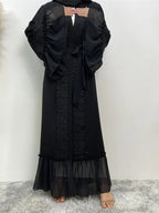 Arabic Clothing- Contrast Lace Belted Abaya without Hijabs, Summer Outfits, Arabic Fashion Long Sleeve Flounce Sleeve Dress, Modest Abaya Clothing for Women, Islamic Abaya