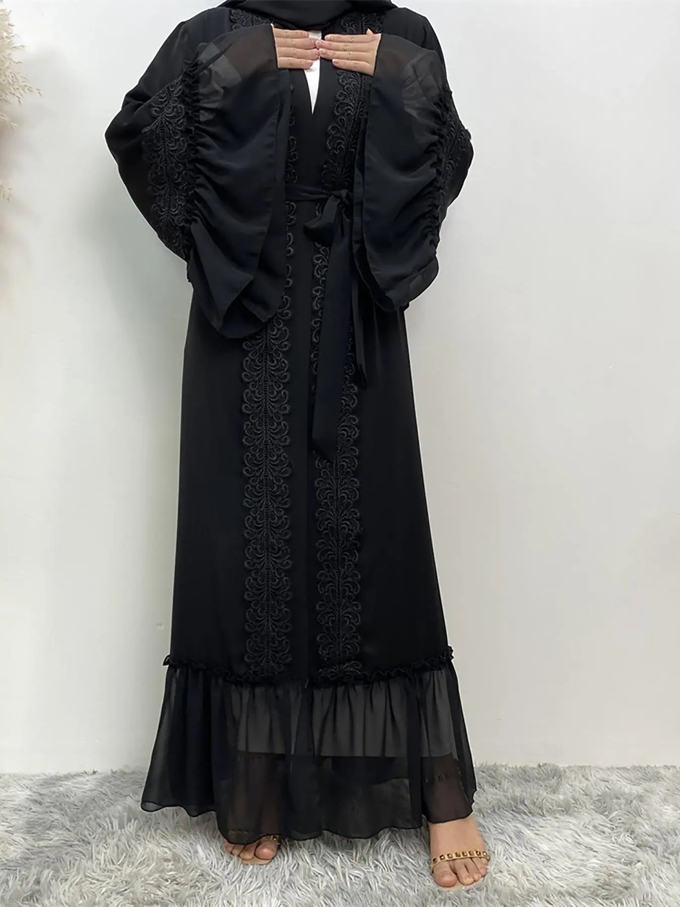 Arabic Clothing- Contrast Lace Belted Abaya without Hijabs, Summer Outfits, Arabic Fashion Long Sleeve Flounce Sleeve Dress, Modest Abaya Clothing for Women, Islamic Abaya
