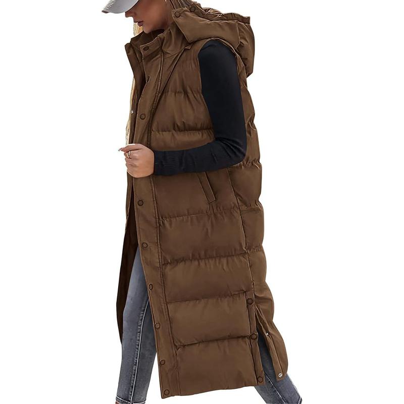 Women's Long Puffer Vest with Quilted Hood and Button Down Closure for Winter Coat 2025 - Tops, Womenswear