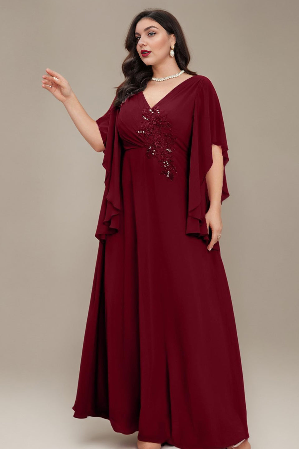 Curveins Plus Size V Neck Batwing Sleeve Chiffon Maxi Dress Elegant Flowing Fit