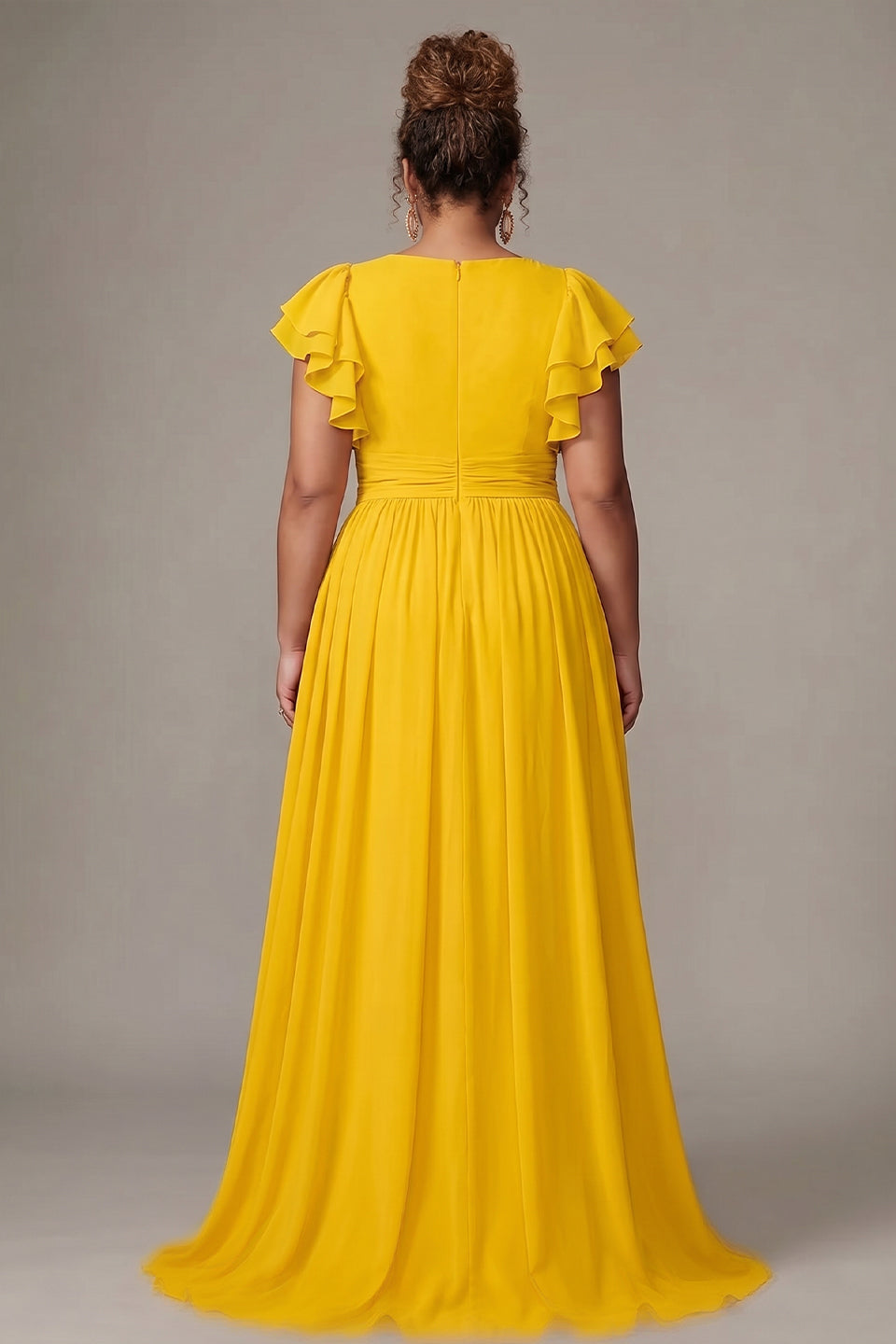 Curveins Plus Size V-Neck Ruffle Sleeve Split A-Line Maxi Dress