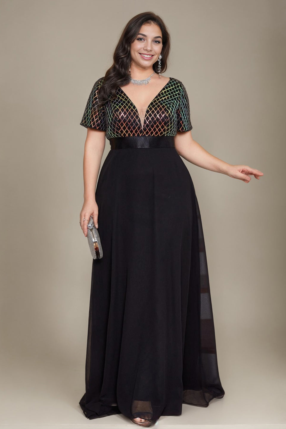 Curveins Plus Size Sequin V-Neck Short Sleeve Maxi Evening Gown