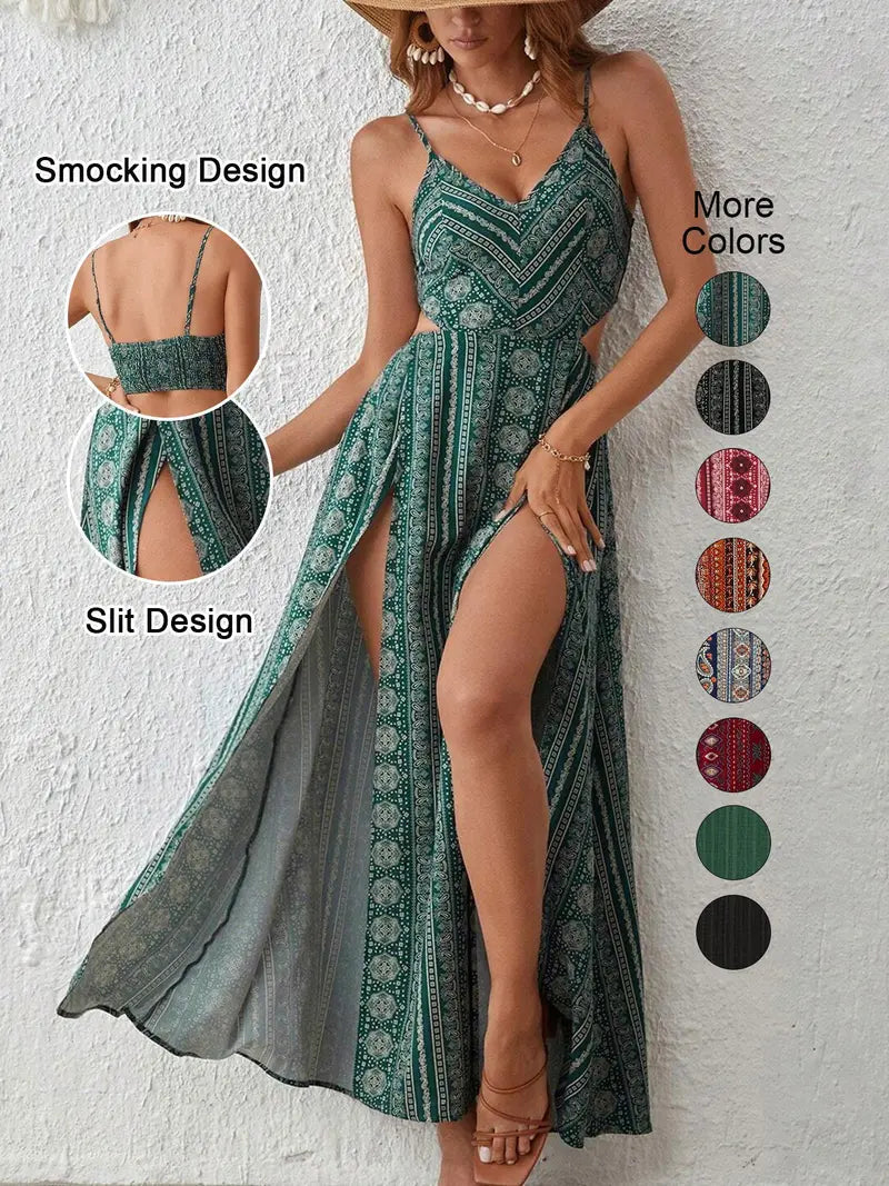 Women's Boho Striped Bodycon Dress, Split Thigh Backless Spaghetti Strap, Perfect for Beach Vacation & Layering
