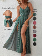 Women's Boho Striped Bodycon Dress, Split Thigh Backless Spaghetti Strap, Perfect for Beach Vacation & Layering