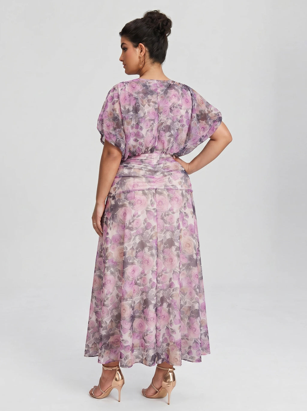 Curveins Plus Size V Neck Puff Sleeve Waist Defining Floral Print Elegant Maxi Dress