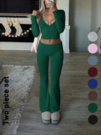 Elegant Casual V-Neck Long Sleeve Two-Piece Set, Slim-Fit Crop Top & Pants for Fall Winter, Moderate Fabric, Plain Color Design