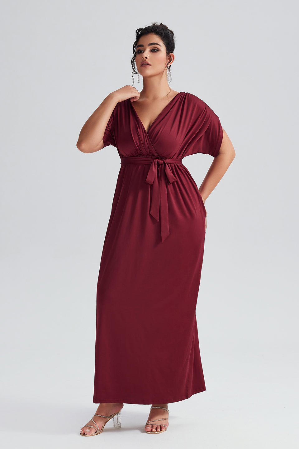 Curveins Plus Size Elastic Waist Shirred Black Maxi Dress