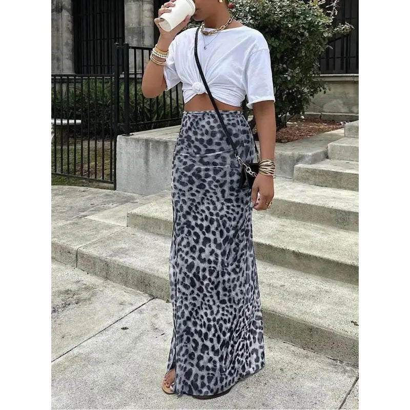 High Waisted Leopard Print Mesh Skirt, Split Design, Slim Fit, Long Hem, Versatile Valentine's Day Dress, Fashionable Women's Clothing