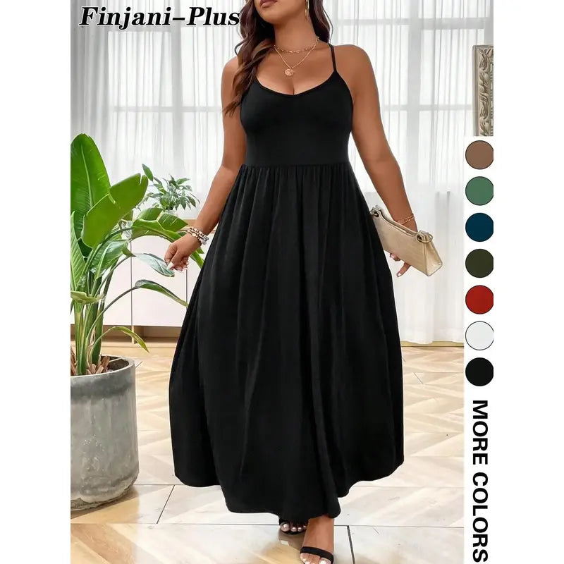 Plus Size Criss Cross Backless Cami Dress, Casual Solid Sleeveless Spaghetti Strap A-Line Dress for Summer, Women's Clothes for Party Holiday