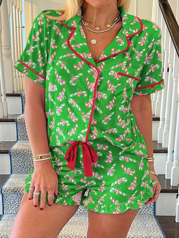 2 pieces of ladies' Christmas cane candy printed short sleeved shorts sleepwear set with buttons, collars, bows, suitable for comfortable and casual home wear in all seasons