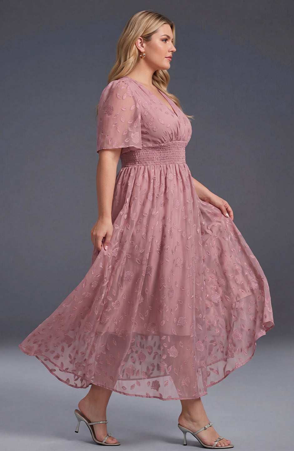 Curveins Plus Size V-Neck High-Waist Pleated Maxi Dress