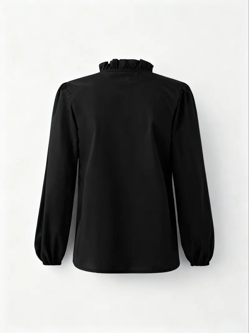 Women's Elegant V Neck Blouse with Ruffles, Loose-Fit Woven Shirt for All Seasons, Plain Pattern Casual Top for Office Wear