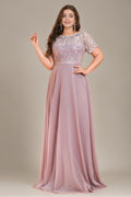 Curveins Plus Size Round Neck Short Sleeve Embroidered Waist Cinched Elegant Maxi Dress