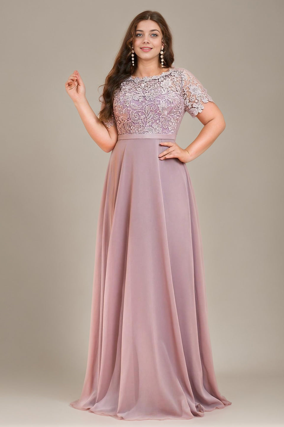 Curveins Plus Size Round Neck Short Sleeve Embroidered Waist Cinched Elegant Maxi Dress