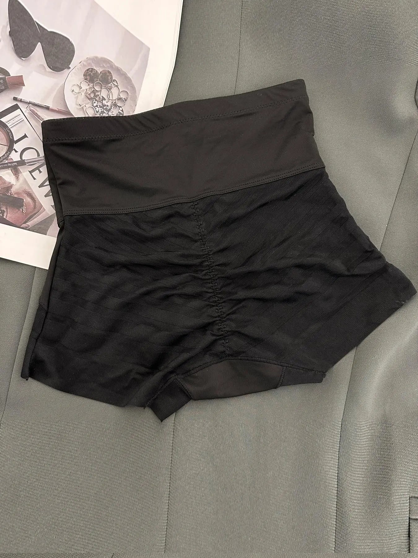 Women's High-Waisted Shapewear Panties, Layered Slimming Underwear, Striped Mesh Design, Breathable Sweat-Proof, Plus Size, All Seasons