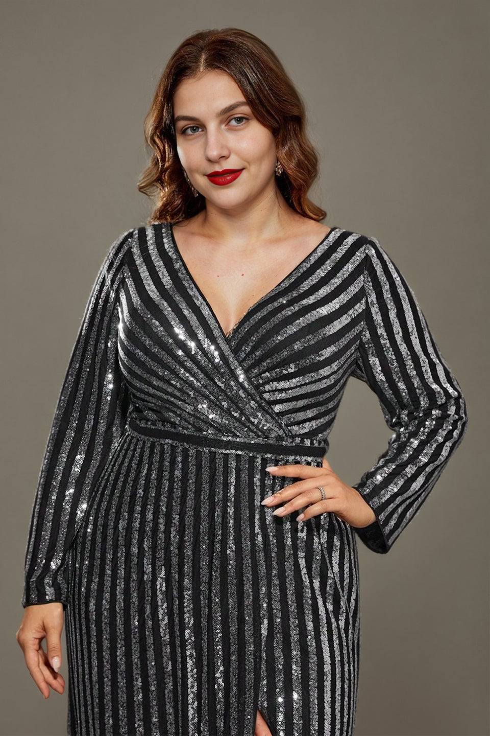 Curveins Plus Size V-Neck Sparkling Striped Sequin Evening Maxi Dress