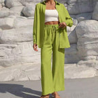 Women's Solid Button Front Shirt & Tie Front Wide Leg Pants Two-piece Set, Casual Drop Shoulder Long Sleeve Blouse Top & Trousers 2 Piece Set for Spring & Fall, Women's Clothes for Daily Wear Womenswear Suits Apricot Basic Minimalist