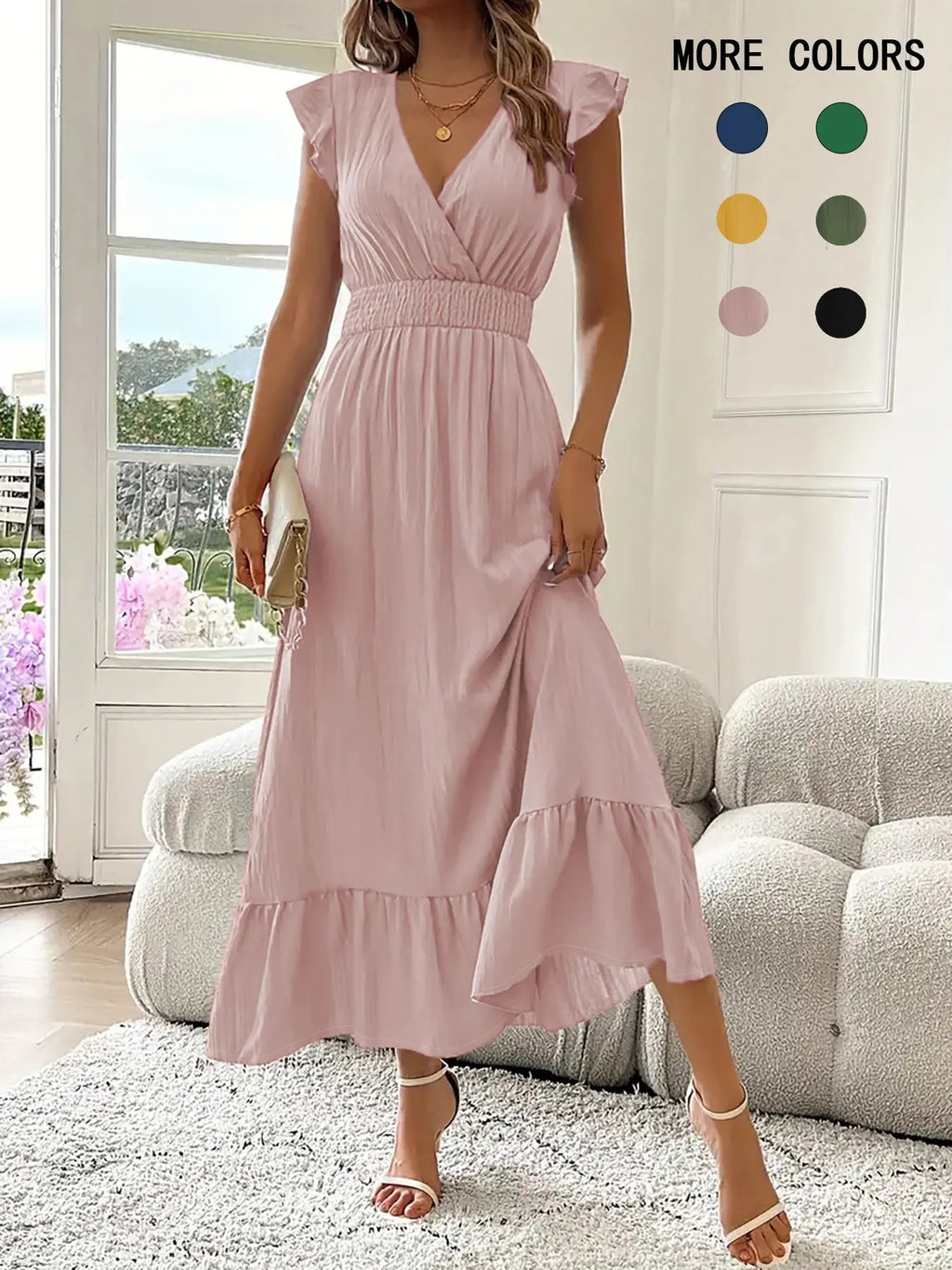 Women's Plain Shirred V Neck Dress, Elegant Fashion Casual Long Dress for Daily Outdoor Wear, Women's Dress for Summer