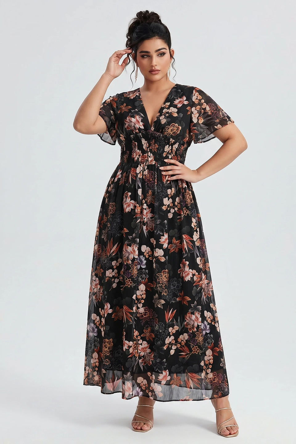 Curveins Plus Size V Neck Batwing Sleeve Floral Print Flowing Maxi Dress