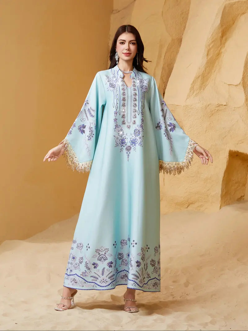 Women's Elegant Long Dress, Loose Fit Ethnic Print, Lace-Up Design, All-Season Wear, Perfect for Evening Occasions & Special Events