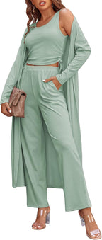Women's 3 Piece Lounge Set Pajama Long Sleeve Cardigan Sleeveless Top Pants Sweatsuit