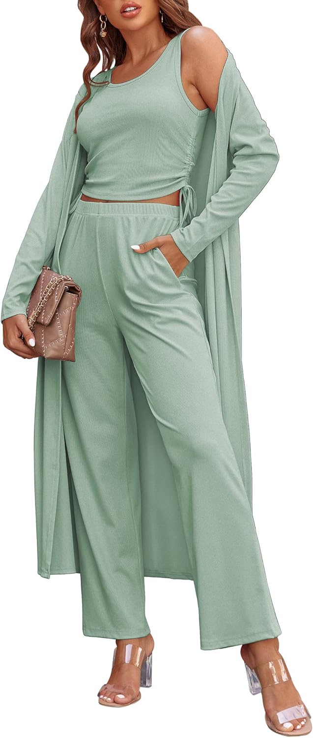 Women's 3 Piece Lounge Set Pajama Long Sleeve Cardigan Sleeveless Top Pants Sweatsuit