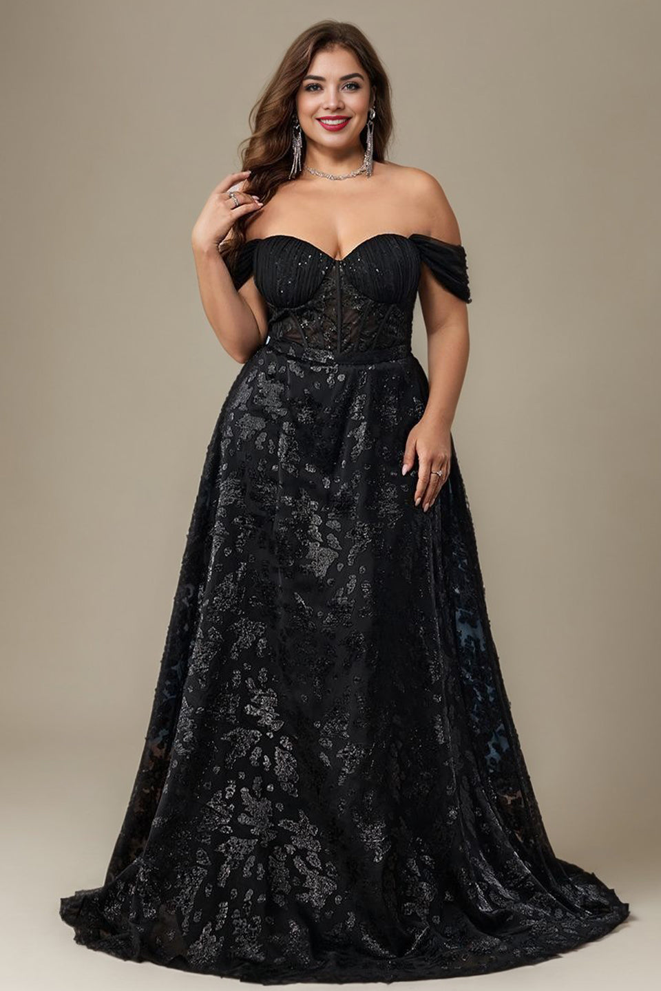 Curveins Plus Size Sparkly Floral Off Shoulder Fitted Waist Maxi Dress