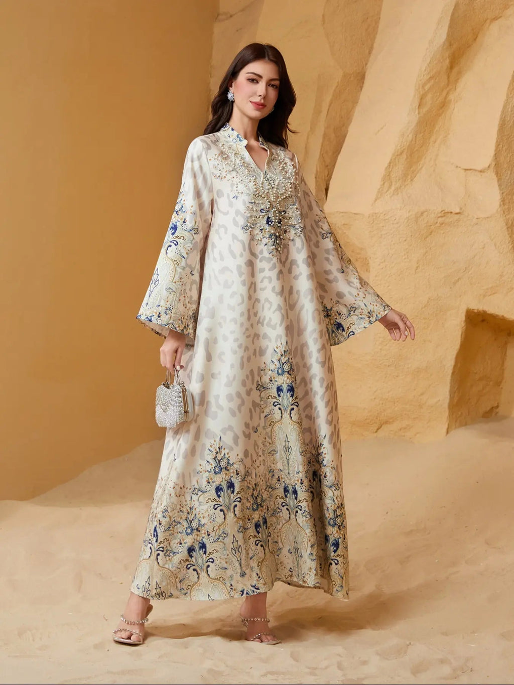 Women's Traditional Ethnic Pattern Faux Pearl Decor Long Dress, Boho Long Sleeve Round Neck Dress for Vacation Holiday Wedding Guest, Ladies Muslim Clothing for All Seasons