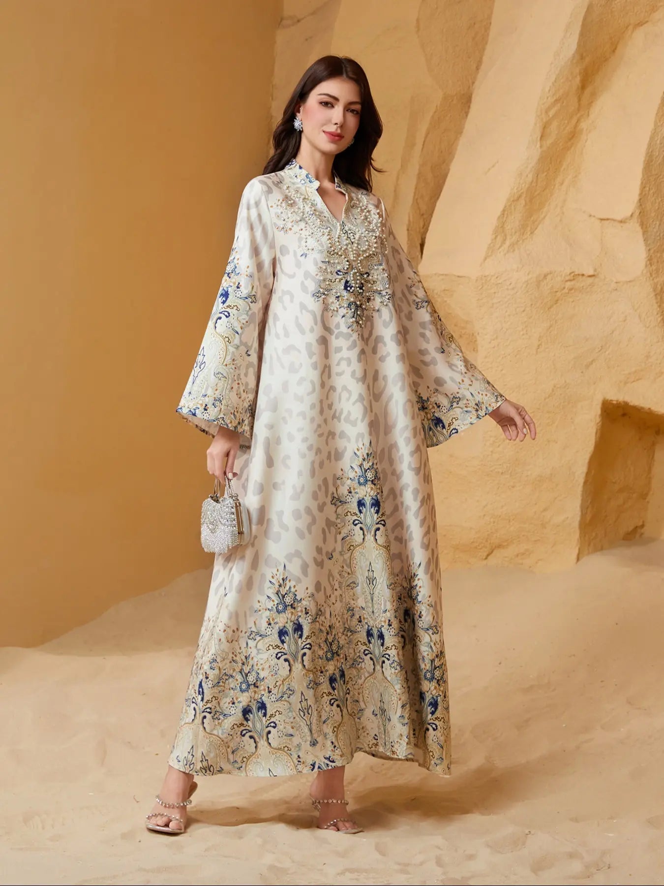 Women's Traditional Ethnic Pattern Faux Pearl Decor Long Dress, Boho Long Sleeve Round Neck Dress for Vacation Holiday Wedding Guest, Ladies Muslim Clothing for All Seasons