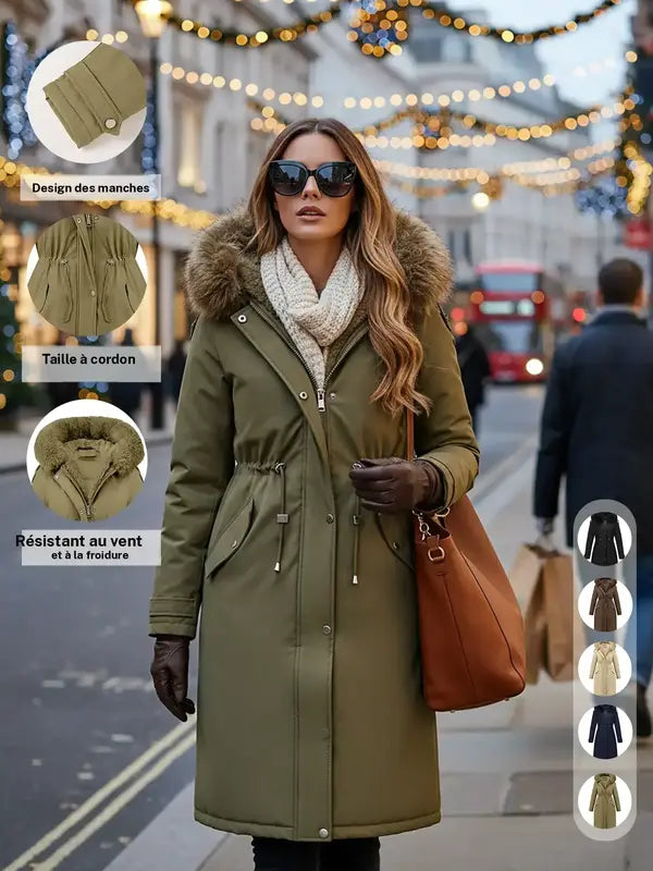 Women's Fall Winter Warm Fashion Mid-Length Parka Coat, Faux Fur Collar Drawstring Waist Belt, Windproof Waterproof Cold-Resistant
