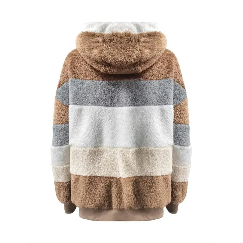 Women's Colorblock Drop Shoulder Hooded Polar Fleece Coat, Fashion Casual Long Sleeve Zip Up Warm Outerwear For Daily Outdoor Wear, Women's Clothing