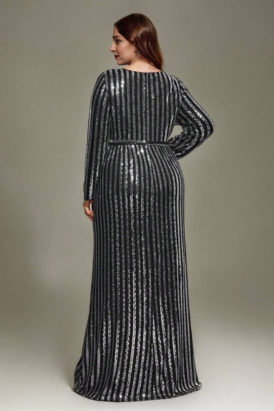 Curveins Plus Size V-Neck Sparkling Striped Sequin Evening Maxi Dress