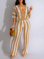 Women's Color-Block Striped Cutout Button-Front Top & Wide-Leg Pants Two-Piece Set