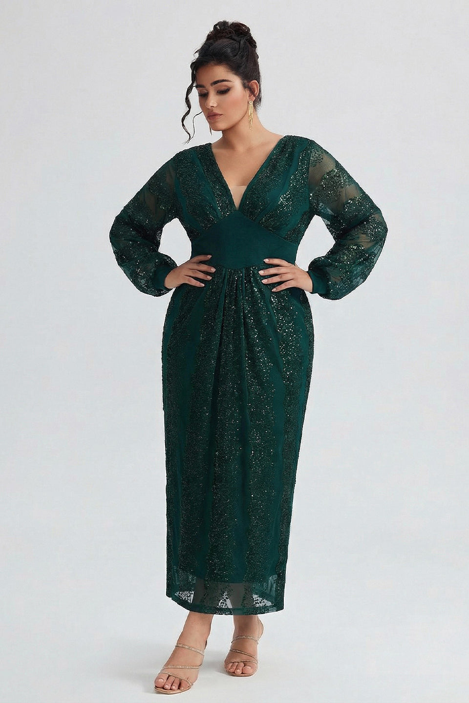Curveins Plus Size V-Neck Sequin Balloon Sleeve Back-Slit Elegant Evening Maxi Dress