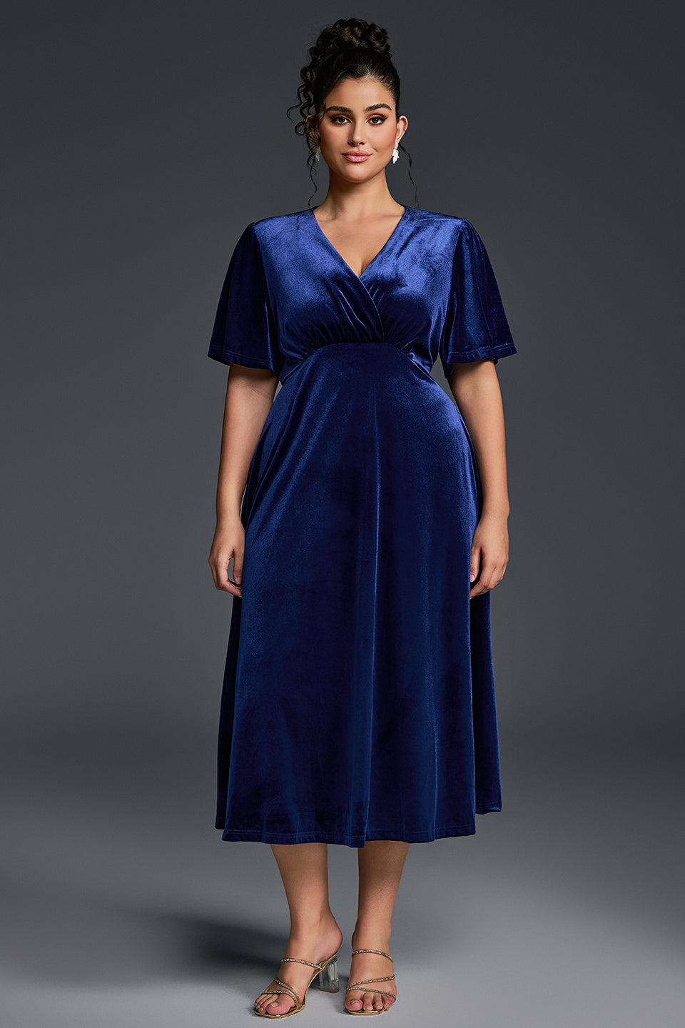 Curveins Plus Size Velvet V-Neck Ruched Hem Maxi Dress