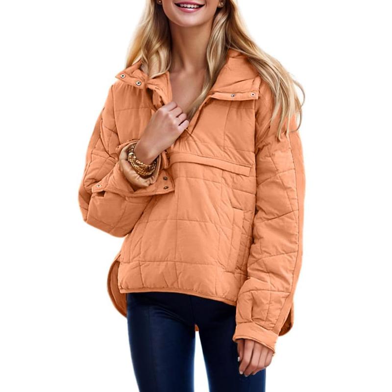 Women's Oversized Puffer Jacket Quilted Dolman Hoodies Pullover Long Sleeve Lightweight Warm Tops with Big Chest Pocket