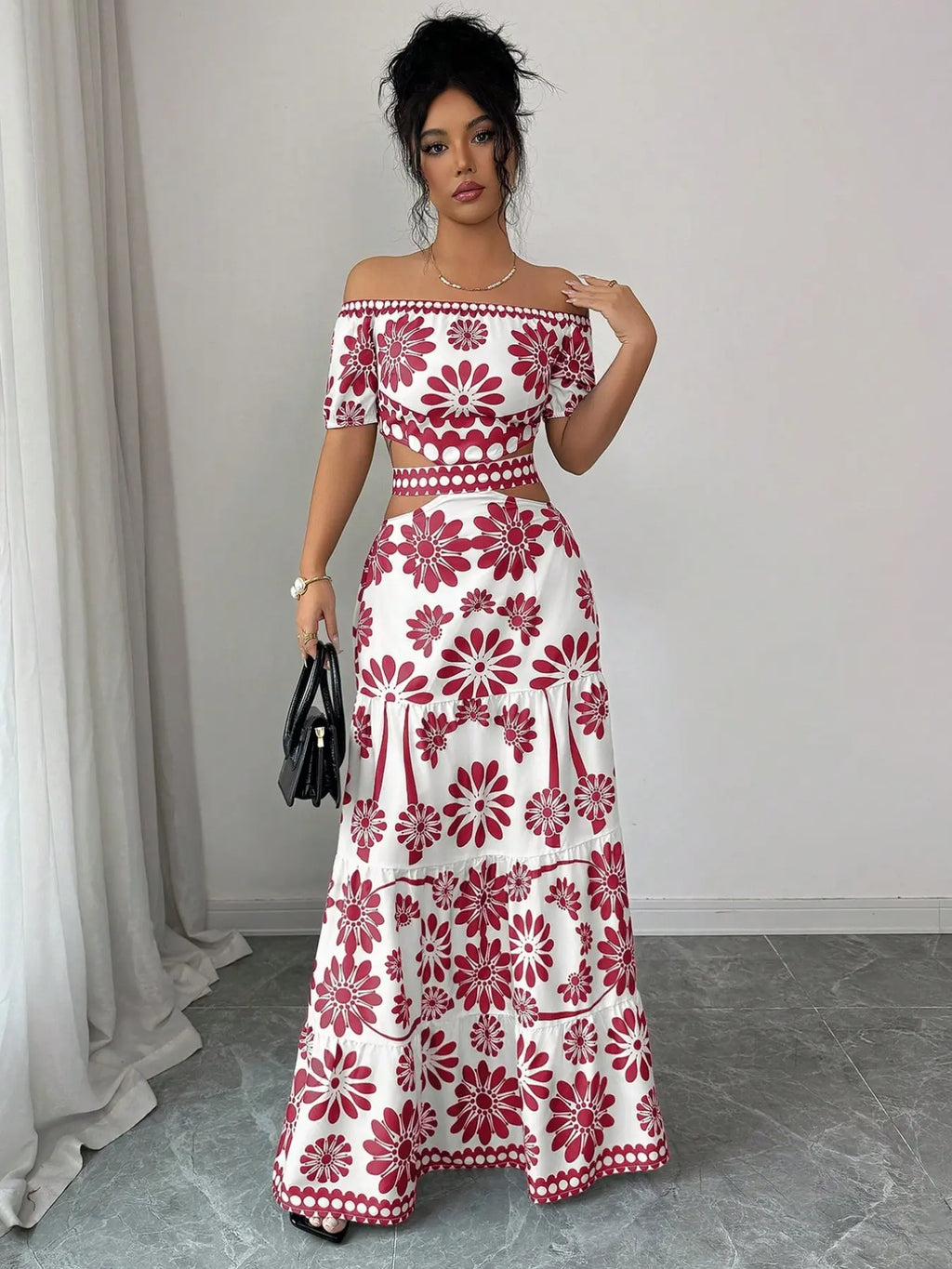 Women's off-the-shoulder short-sleeve floral dress with waist cutouts