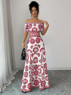 Women's off-the-shoulder short-sleeve floral dress with waist cutouts