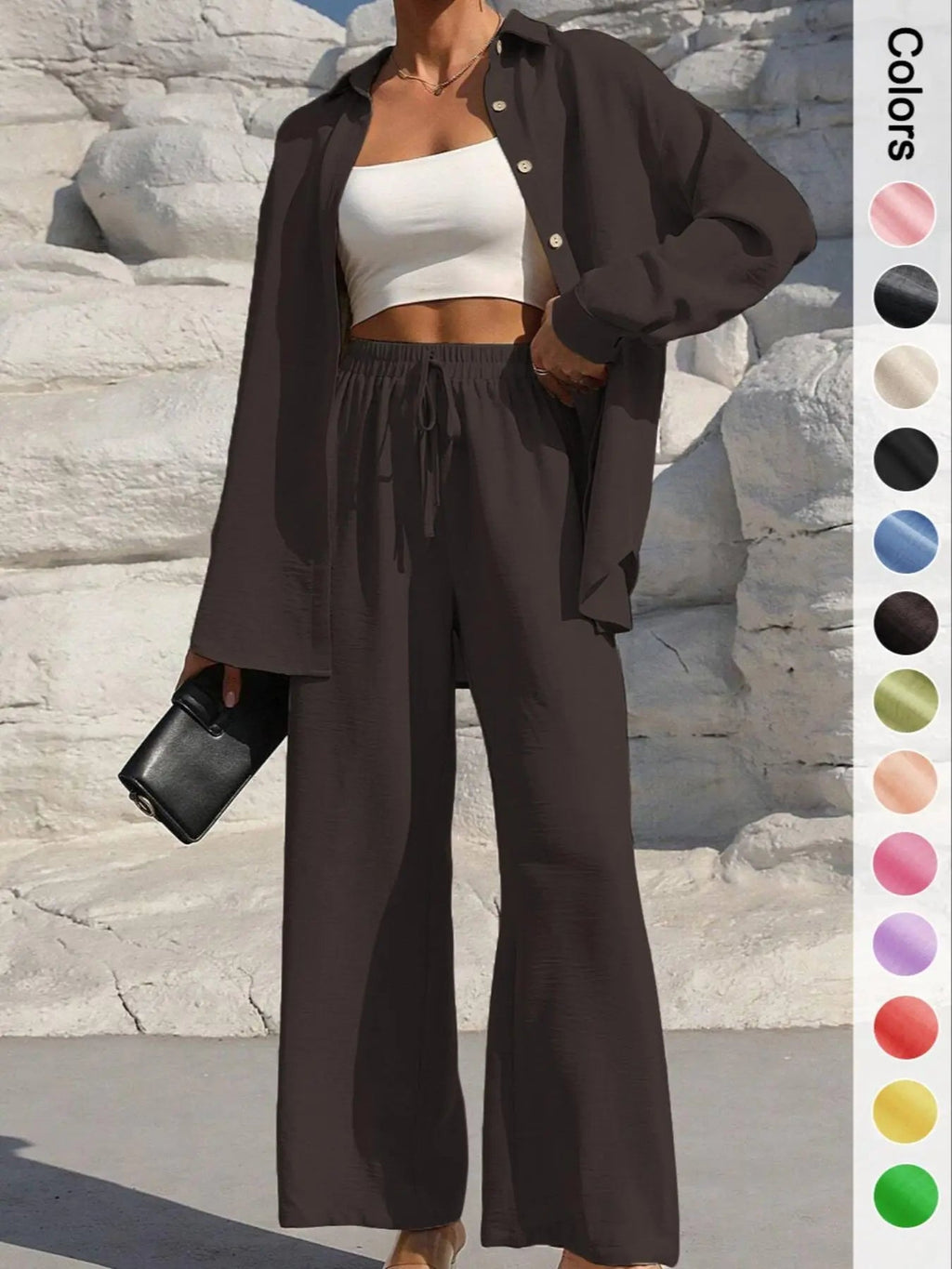 Women's Solid Button Front Shirt & Tie Front Wide Leg Pants Two-piece Set, Casual Drop Shoulder Long Sleeve Top & Trousers 2 Piece Set for Spring & Fall, Women's Clothes for Daily Wear, Casual Outfits Women