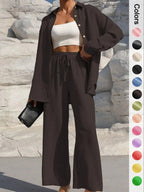 Women's Solid Button Front Shirt & Tie Front Wide Leg Pants Two-piece Set, Casual Drop Shoulder Long Sleeve Top & Trousers 2 Piece Set for Spring & Fall, Women's Clothes for Daily Wear, Casual Outfits Women